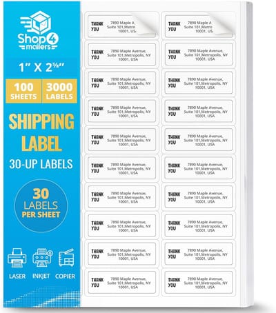 Verzendlabels - Adresstickers Printeretiketten - Labels Printen - 30 Per Vel - 1" x 2 5/8" - Wit