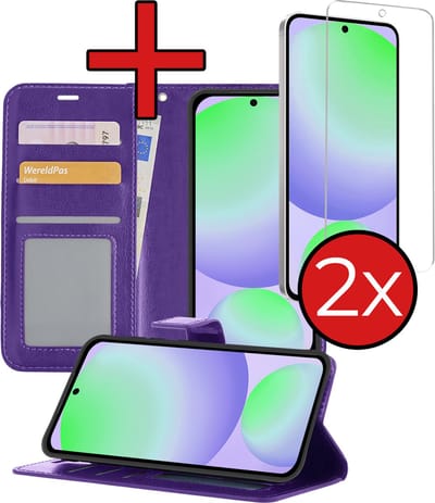 Hoesje - Met 2x Screenprotector - Geschikt voor Samsung Galaxy S24 FE - Luxe Pasjeshouder - Flip Case - Bookcase Portemonee - Kunstleer Book Case - Flipcase Hoes - Book Cover - Walletcase - Portemonneehoes - Telefoonhoes - Paars