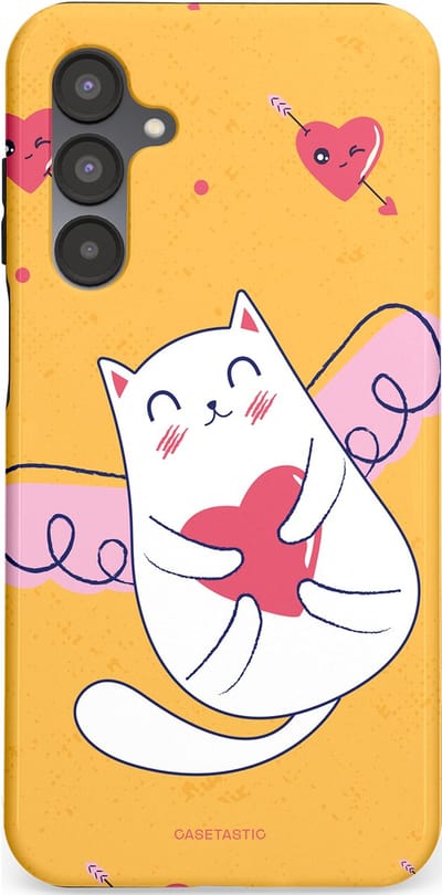 Casetastic Hoesje Geschikt voor Samsung A16 - Stijlvolle Beschermende Duo-layer Case - Kattenflirt Geel Rode Hartjes Liefde