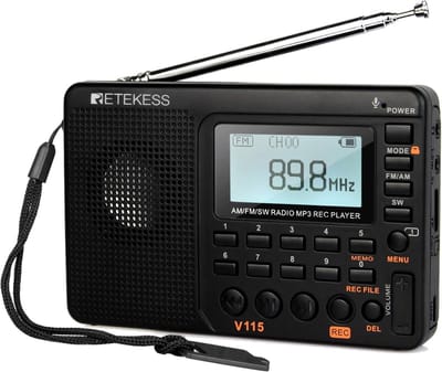 Retekess V115 Draagbare Radio - Noodradio op Batterijen - AM FM SW Keukenradio -Wereldontvanger MP3-Sleep Timer-speler REC Voice Recorder