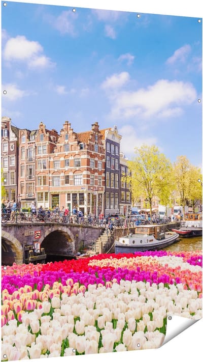 Gards Tuinposter Amsterdamse Huisjes aan de Grachten - 120x180 cm - Tuindoek - Tuindecoratie - Wanddecoratie buiten - Tuinschilderij