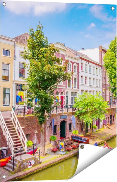 Gards Tuinposter Huisjes aan de Oudegracht in Utrecht - 60x80 cm - Tuindoek - Tuindecoratie - Wanddecoratie buiten - Tuinschilderij