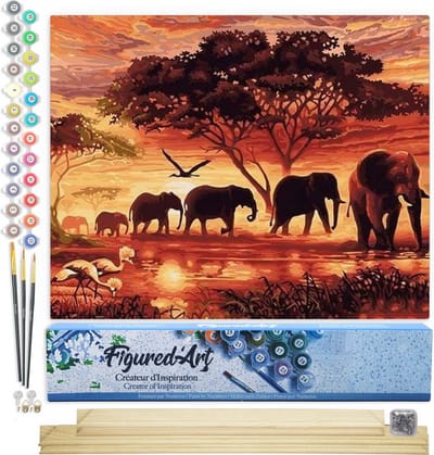 Figured'Art Schilderen op Nummer Volwassenen canvas Olifanten bij zonsondergang - Handwerk acrylverf Kit DIY Compleet - 40x50cm met DIY houten lijst