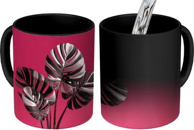 Magische Mok - Foto op Warmte Mokken - Koffiemok - Bladeren - Rond - Roze - Magic Mok - Beker - 350 ML - Theemok