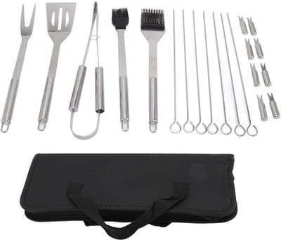 BBQ Gereedschapsset - Grillset Buiten - Buiten Koken - Ergonomisch Hout Handvat - 20 Delig - Zilver