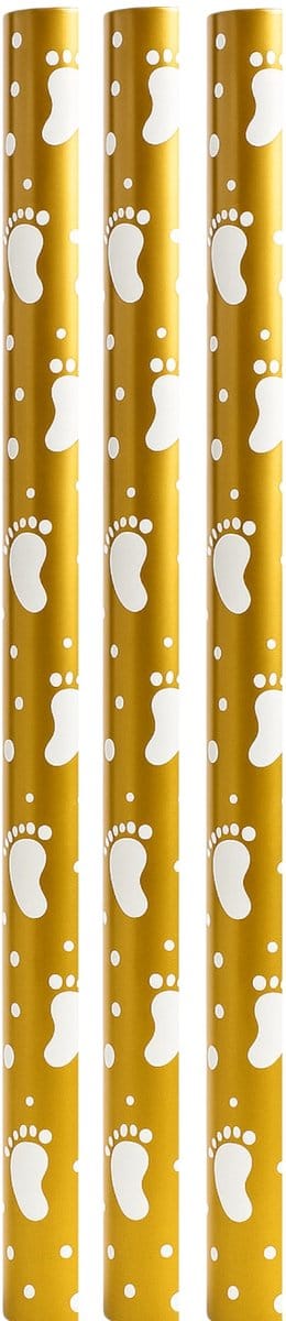 Baby cadeaupapier – Goud met witte voetjes – 3 rollen – 2 m x 70 cm - totaal 6 meter