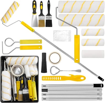 Professionele Verfset met Telescoopstok - 18-delige Set met Verfrollers, Verftray, Kwasten en Accessoires voor Muren, Plafonds en Renovatie