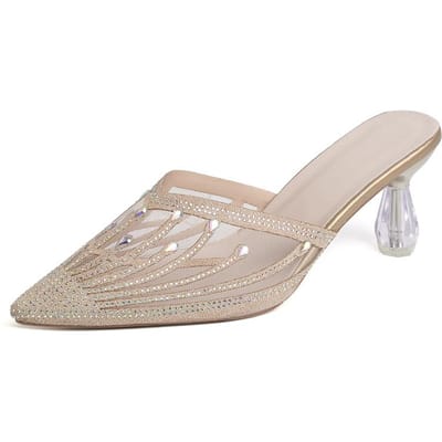 Zomer Nieuwe Mesh Diamanten Pantoffels voor Damesmode Bovenkleding Puntige Kristallen Hak Hoge Hak Pantoffels 34 white