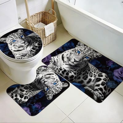 3-delige set wasbare badkamertapijten met luipaardmotief en toiletmatten voor antislip comfort, zachte en stijlvolle woondecoratie voor badkamer en keuken