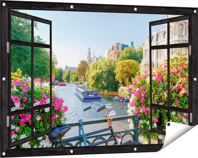 Gards Tuinposter Doorkijk Amsterdamse Kanaal met Bloemen - 120x80 cm - Tuindoek - Tuindecoratie - Wanddecoratie buiten - Tuinschilderij