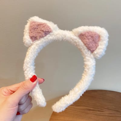 Leuke Kattenoren Haarband Vrouwen Meisje Cosplay Haarhoepel Winter Zachte Wol Hoofdband Anime Feest Haarbanden Gezicht Wassen Make-up Hoofddeksel wit