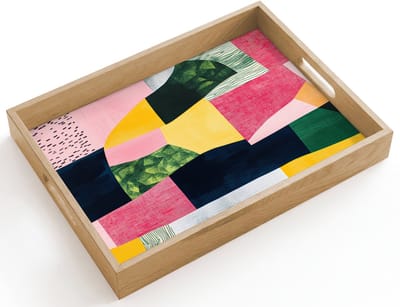 Dienblad hout 40x30 cm - Schootdienblad - Abstract - Roze - Lappen - Vormen - Geel - Borrelplank rechthoek - Plateau dienbladen
