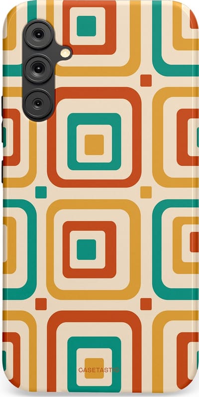 Casetastic hoesje geschikt voor Samsung Galaxy A34 (2023) 5G - Dubbellaagse bescherming - Retro Vierkant verlangen - Fashion Case - Crème Terracotta Goud Turquoise