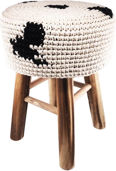 Luna-Leena duurzaam houten krukje /stoel + hoes koeien print zwart wit - katoen - H40cm x 30ø cm - hand gehaakt in Nepal - kinderstoel - kinderkruk - koeienhuid - kruk - kids decoration stool - cow print - landelijk