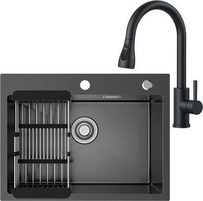 Sofetiy MAX Spoelbak Keuken 60x45cm - Spoelbak Keuken met Kraangat - Spoelbakken Keuken Met Keukenkraan met Uittrekbare Uitloop - Spoelbak met Afdruipgedeelte - Antraciet