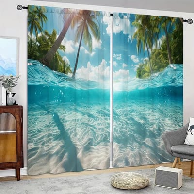 2 stuks Gordijn met oceaanlandschap voor huisdecoratie - Tunnel voor roede Raambekleding voor Slaapkamer, Kantoor, Keuken, Woonkamer en Studeerkamer 52.5cmX116cmX2pcs blue