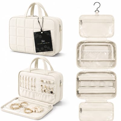BOTC Toilettas met sieradenorganizer - Hangende reistas voor toiletartikelen - Puffy Makeup Cosmetische tasorganizer - Beige - M