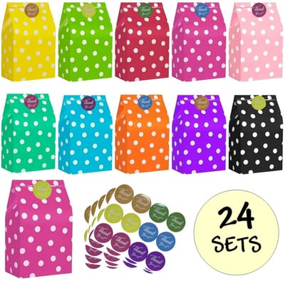 24x Gekleurde Uitdeelzakjes Stippen met Stickers - 13x8x24cm - Stevig Papier - Traktatie Zakjes - Papieren Zakjes - Cadeau Zakjes - Met Blokbodem - Sluitstickers Thanks You - Mix - 24 Stuks