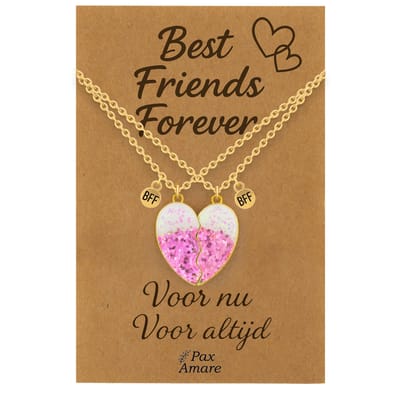 BFF Ketting voor 2 'Best Friends Forever' - Roze Glitter Hartje - Vriendschapsketting op Cadeau Kaartje - 45cm + 5cm verstelbaar - Goudkleurig - Best Friends Hanger - Pax Amare