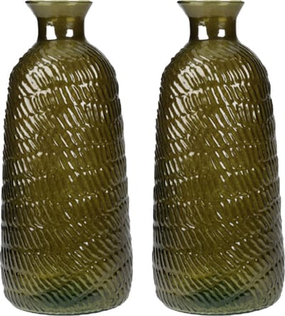 H&S Collection Bloemenvaas Livorno - 2x - Gerecycled glas - donkergroen transparant - D13 x H31 cm