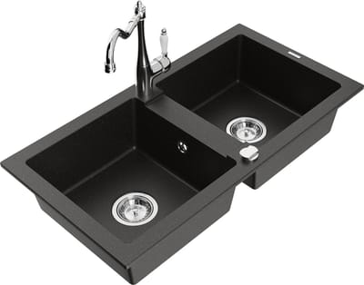 Mexen Mario granieten gootsteen met 2 kamers en keukenkraan Carla, zwart/goud metallic - 6504-75-670700-00