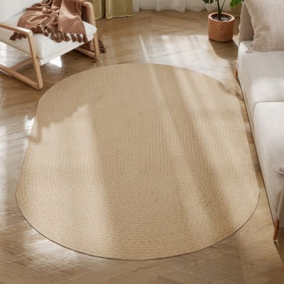 Ovaal, wasbaar en antislip vloerkleed in rustieke stijl voor de woonkamer, beige, polypropyleen, handgemaakt, slaapkamer, woonkamer, 170 x 120 cm, modern