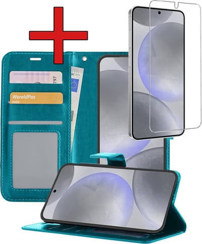 Hoesje - Met Screenprotector - Geschikt voor Samsung Galaxy S24 - Luxe Pasjeshouder - Flipcase - Bookcase Portemonee - Flip Case - Kunstleer Book Case - Book Cover - Walletcase - Portemonneehoes - Telefoonhoes - Turquoise