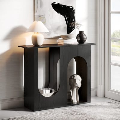 QUESTYR Smalle Consoletafel – 100 cm – Zwart – Moderne Gebogen Haltafel & Banktafel – Slank Metaal/Hout Ontwerp voor Entree & Woonkamer