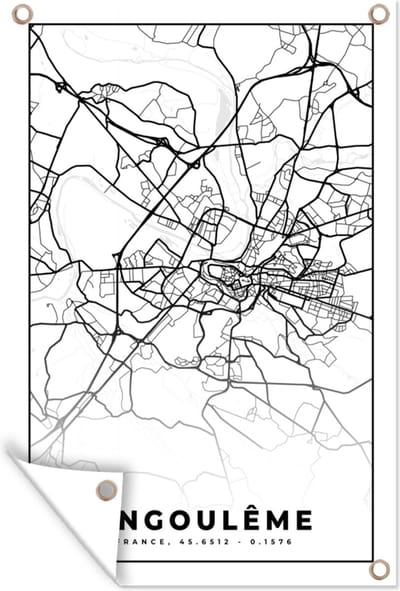 Muurdecoratie Plattegrond – Kaart – Angoulême - Frankrijk – Stadskaart - Zwart wit - 120x180 cm - Tuinposter - Tuindoek