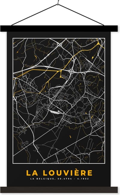 Posterhanger incl. Poster 40x60 cm - Schoolplaat - La Louvière - Kaart - Plattegrond - Goud - Stadskaart - Textielposter - Zwarte latten - Stadskaart