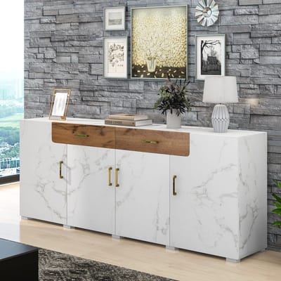 Wishdor Dressoir Met 4 Deuren En 2 Lades - Stabiele Opbergkast - Spaanplaat Met PVC-Folie - Wit - 208 X 39,5 X 80 Cm