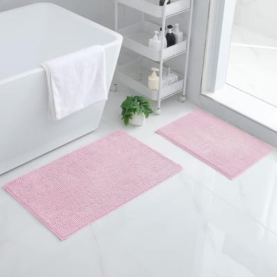 Chenille Badkamermat Set 2-delig Antislip Absorberend en Zacht Badkleed Roze