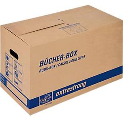 Transportdoos boekendoos, bijzonder stevig, versterkte draaggrepen, dubbele bodem, etiketvelden, B 580 x D 300 x H 340 mm, golfkarton, bruin