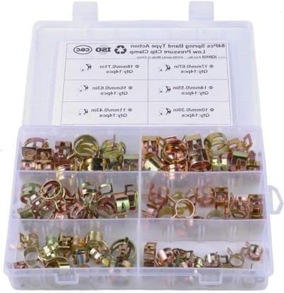 MK Stoer - Veerslangklemmen - Montagesortiment - 84 stuks - 10 mm 11 mm 14 mm 16 mm 17 mm 18 mm - Brandstofleiding Waterleiding Luchtslang Siliconen Vacuümslangklem - Geschikt voor diverse diameters - Zwart & zilver 6 gr.