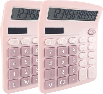Ynkkvre - Set van 2 Roze Rekentafels - 12-cijferige Bureaurekenmachine - Dubbele Voeding (Zonne- en Batterij) - Klein met Groot Display en Gevoelige Knoppen - Voor School, Kantoor en Belastingberekening