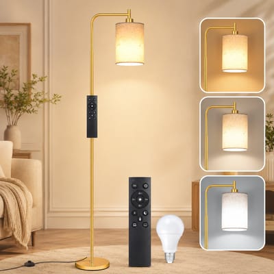 MUPOO Moderne Vloerlamp Goud met Linnen Lampenkap - Staande Lamp met Magnetische Afstandsbediening - Hoeklamp Dimbaar met 4 Kleurtemperaturen - E27 LED Lamp Inbegrepen - Voetschakelaar en Timer - Staande Leeslamp voor Slaapkamer Kantoor