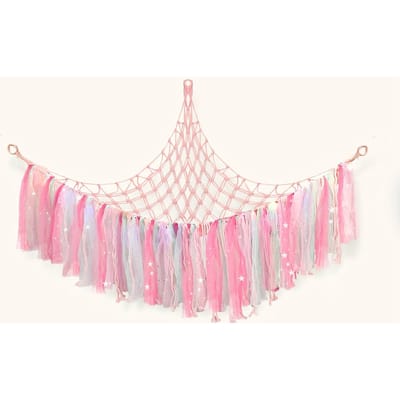Hamac Avec Pompons Filet de Rangement Pour Peluches Support et Hamac Peluche Fait Main Coin Doux Filet Suspendu Support Jouet rose