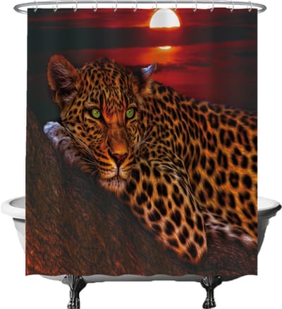 Ulticool Douchegordijn - Panter Luipaard - 180 x 200 cm - met 12 Ringen Wit - semi Transparant - anti Schimmel - Rood Bruin