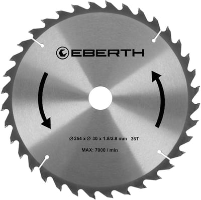 EBERTH cirkelzaagblad, zaagblad van staal met hardmetalen tanden voor het zagen van hout (diameter 254 mm, boorgat 30 mm, bladdikte 1,8 mm, zaagbreedte 2,8 mm, 36 tanden, max. 7000 tpm)