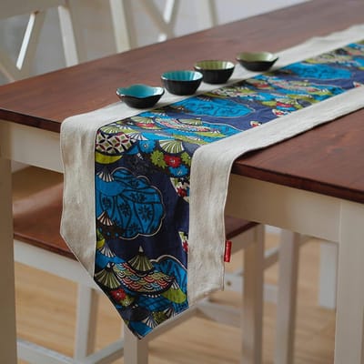 Tafelloper Katoen Linnen - Tafelkleed Decoratie - Eettafel Aankleden - Handgemaakte Ambacht - 30 x 200 cm - Blauwe Driehoek
