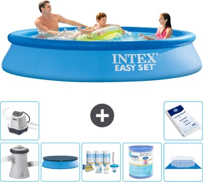 Intex Rond Opblaasbaar Easy Set Zwembad - 305 x 61 cm - Blauw - Inclusief Pomp - Afdekzeil - Onderhoudspakket - Filter - Grondzeil - Zoutwatersysteem - Zwembadzout - 8-delig