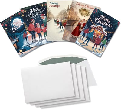 Inspra Studio – Luxe Kerstkaarten met Enveloppen – 5 Stuks – Schaatsen Wenskaarten – Artistieke Sportieve Illustraties met Winterse Sfeer