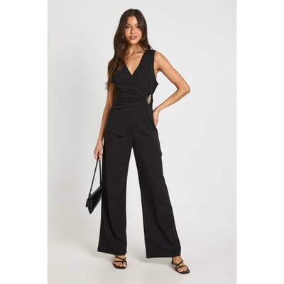 boohoo Dames Jersey Crepe Jumpsuit Met Wijde Pijpen En Goudkleurige Afwerking | Black | Maat: 8
