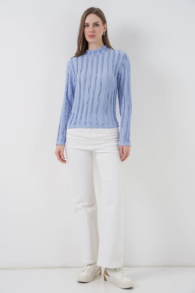 Gestructureerde Slim Fit Halflange Turtleneck Blouse