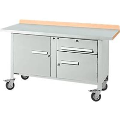 Verrijdbare werkbank Schäfer Shop Select PWi 150-3, beuken decor multiplex blad, met stalen afdekking, tot 400 kg, B 1500 x D 700 x H 840 mm