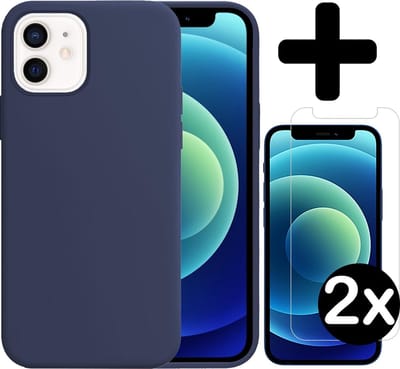 Hoesje - Met 2x Screenprotector - Geschikt voor Apple iPhone 12 - Sterk & Shockproof - Telefoon Hoes - Back Cover - Siliconen Case - Telefoonhoes - Donkerblauw