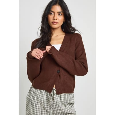 boohoo Dames Asymmetrische gebreide cardigan | Chocoladebruin | Maat: Large