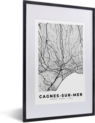 Fotolijst incl. Poster - Stadskaart - Frankrijk - Kaart - Cagnes-sur-Mer - Plattegrond - 40x60 cm - Posterlijst