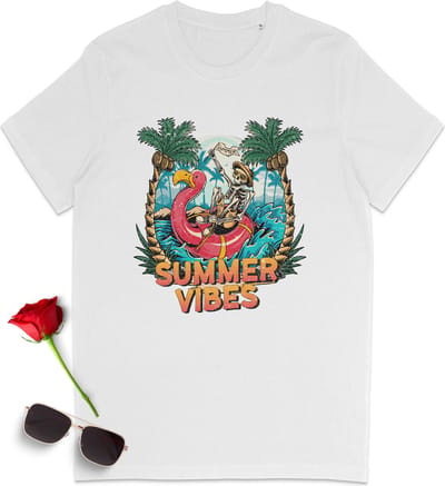 Grappig zomer t shirt - Summer Vibes - Leuk zomer tshirt vrouwen en mannen - Zomer t-shirt heren dames - Unisex maten: S M L XL XXL XXXL - t-Shirt kleuren: wit, zwart, oranje en blauw.