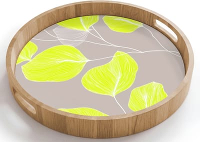 Dienblad rond 40x40 cm - Schootdienblad hout - Bladeren - Neon - Geel - Lijnen - Borrelplank rechthoek - Plateau houten dienbladen
